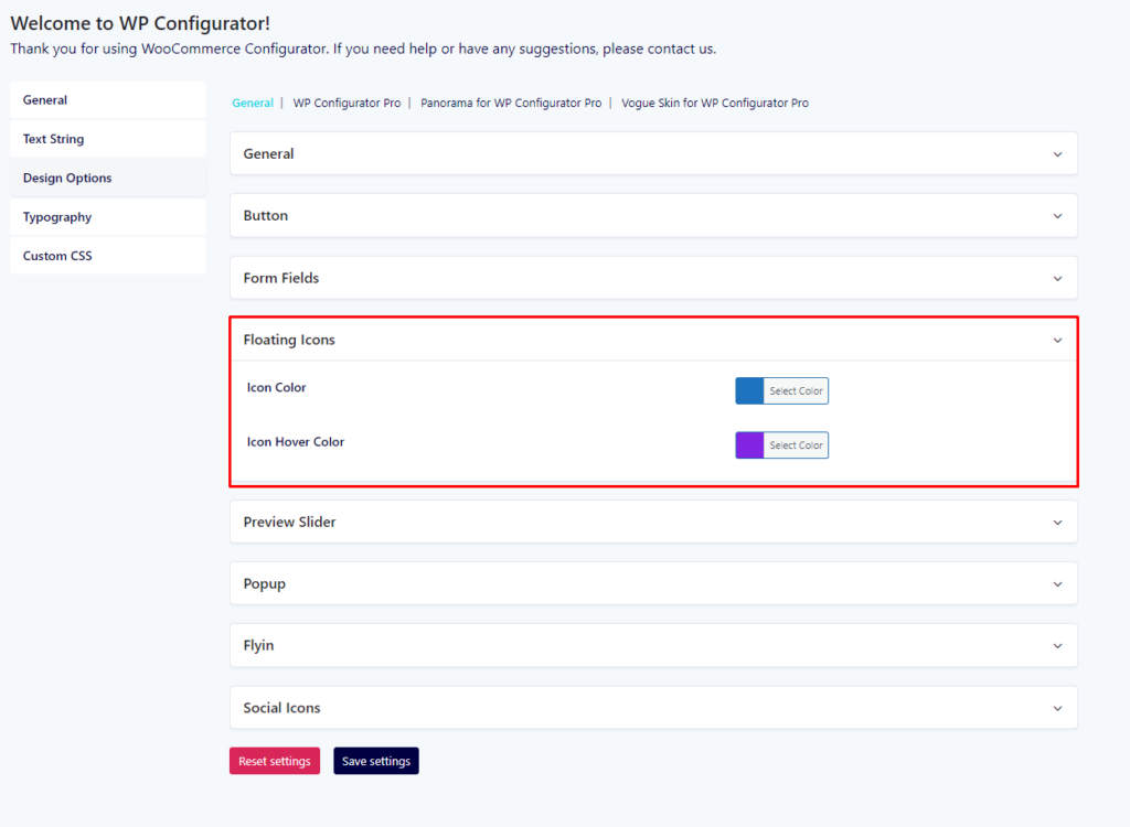 WP Configurator Pro Plugin DesignOptions FloatingIcons Color