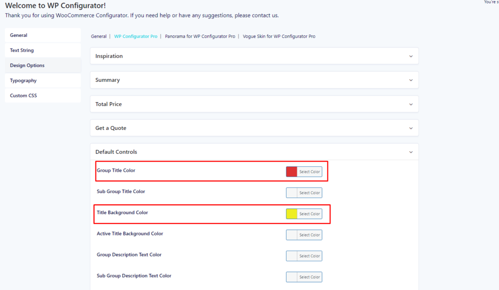 WP Configurator Pro Plugin Design Controls Color1