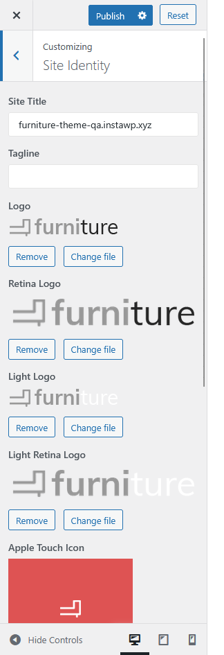 furnituretheme siteidentity option