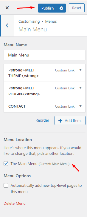 WP Configurator Theme Menus Publish